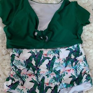 Cocoship Green & Floral High Waist Bikini Swimsuit Sz 18